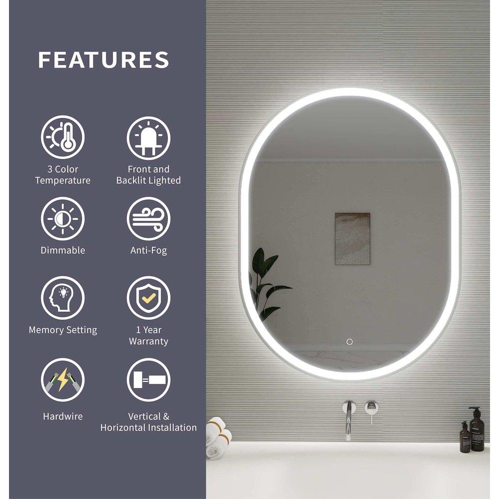 40 Inch Oval LED Front and Backlit Wall Mirror in Silver
