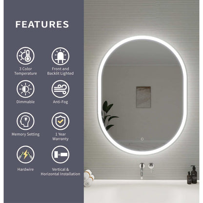 40 Inch Oval LED Front and Backlit Wall Mirror in Silver