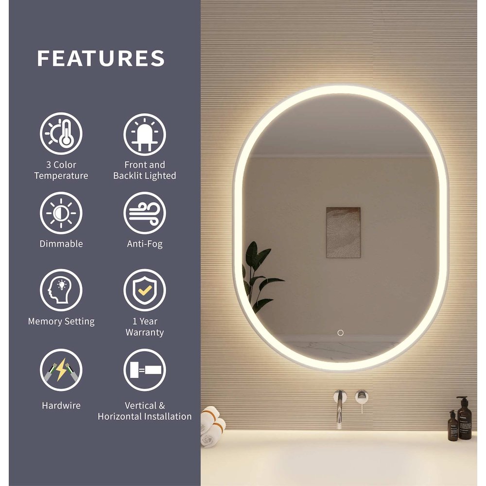 40 Inch Oval LED Front and Backlit Wall Mirror in Silver