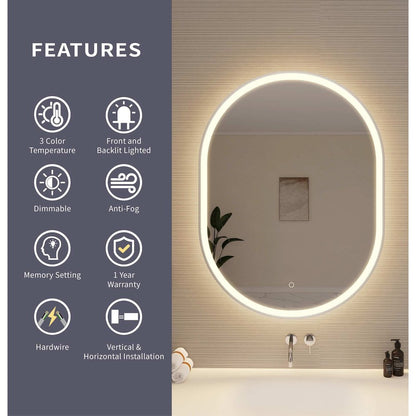 40 Inch Oval LED Front and Backlit Wall Mirror in Silver