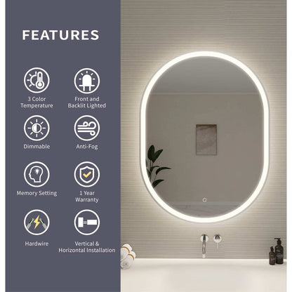 40 Inch Oval LED Front and Backlit Wall Mirror in Silver