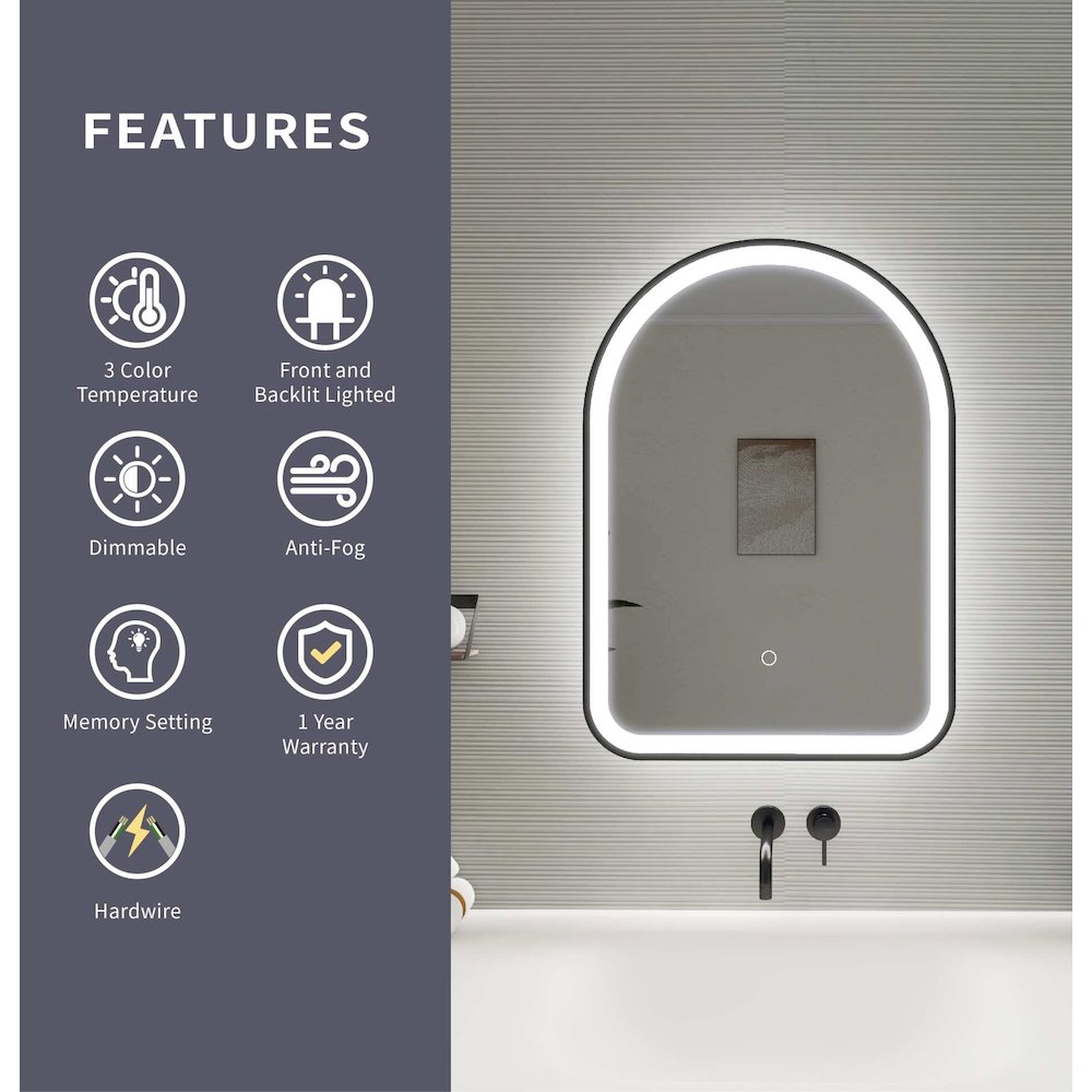 28 Inch Arch LED Front and Backlit Wall Mirror in Black