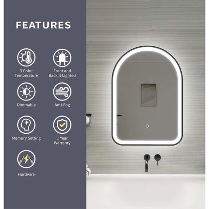 28 Inch Arch LED Front and Backlit Wall Mirror in Black