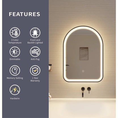 28 Inch Arch LED Front and Backlit Wall Mirror in Black