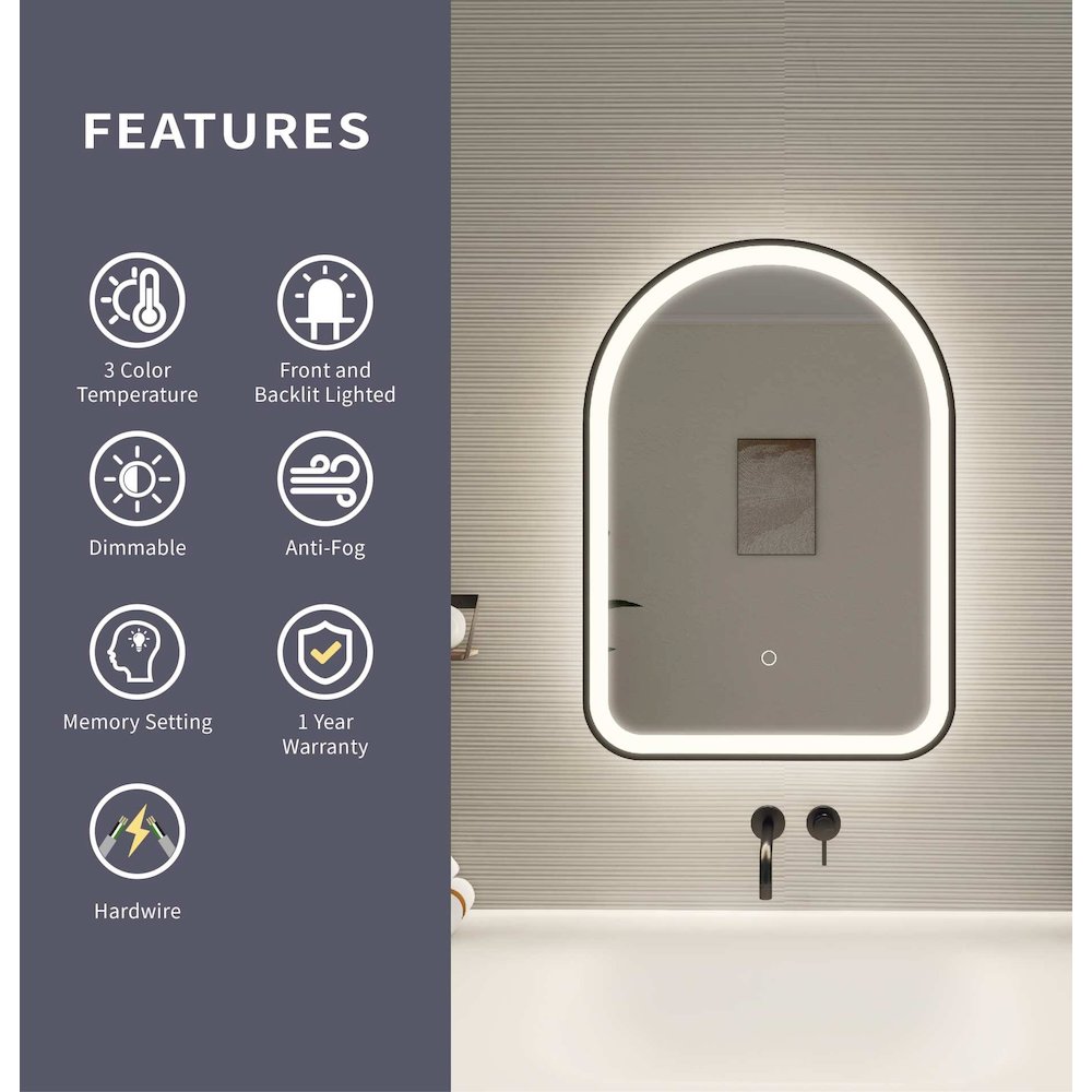 28 Inch Arch LED Front and Backlit Wall Mirror in Black