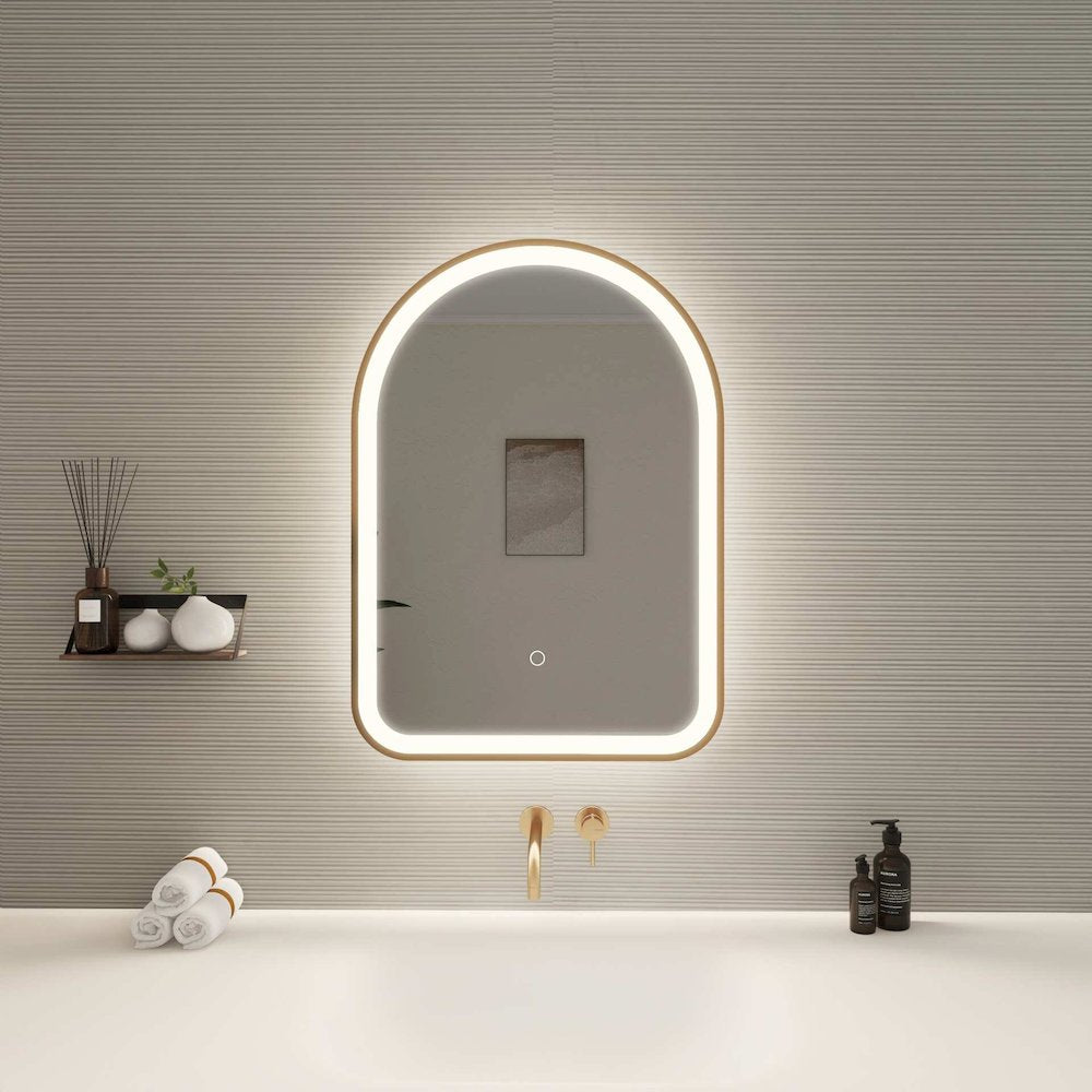 28 Inch Arch LED Front and Backlit Wall Mirror in Satin Gold