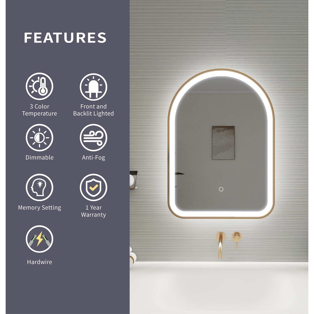 28 Inch Arch LED Front and Backlit Wall Mirror in Satin Gold