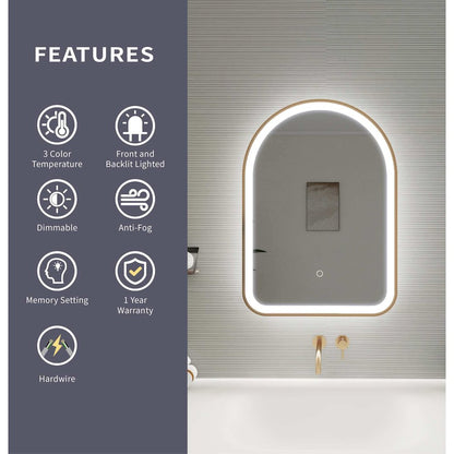 28 Inch Arch LED Front and Backlit Wall Mirror in Satin Gold