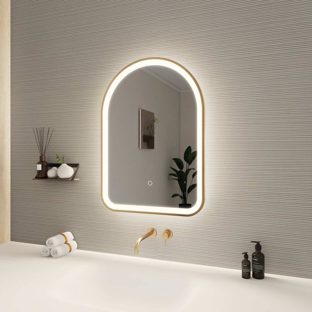 28 Inch Arch LED Front and Backlit Wall Mirror in Satin Gold