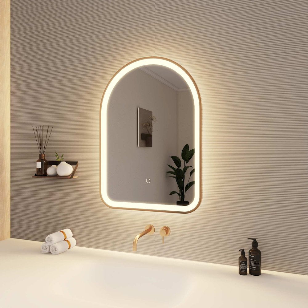 28 Inch Arch LED Front and Backlit Wall Mirror in Satin Gold