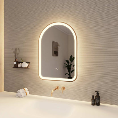 28 Inch Arch LED Front and Backlit Wall Mirror in Satin Gold