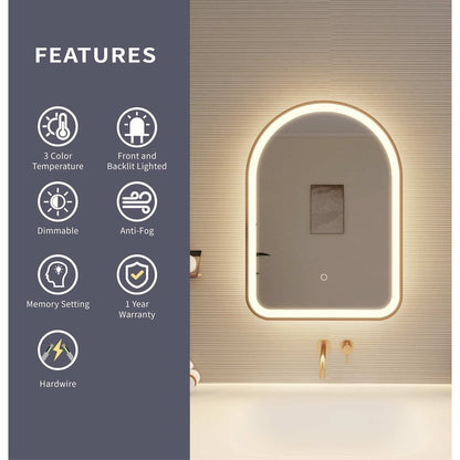 28 Inch Arch LED Front and Backlit Wall Mirror in Satin Gold