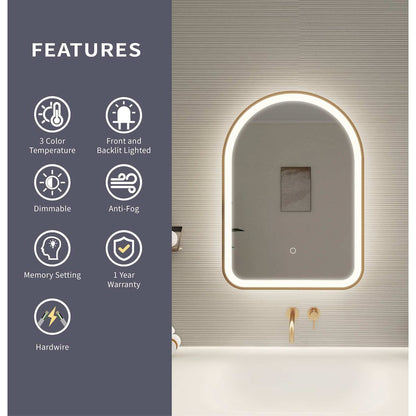 28 Inch Arch LED Front and Backlit Wall Mirror in Satin Gold