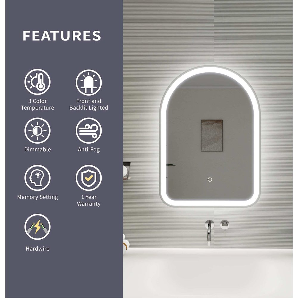 28 Inch Arch LED Front and Backlit Wall Mirror in Silver