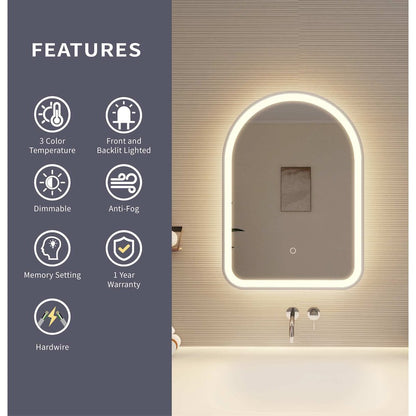 28 Inch Arch LED Front and Backlit Wall Mirror in Silver