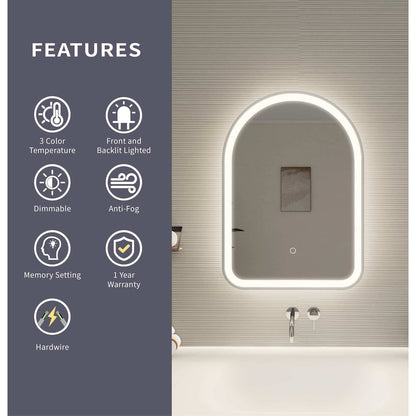 28 Inch Arch LED Front and Backlit Wall Mirror in Silver