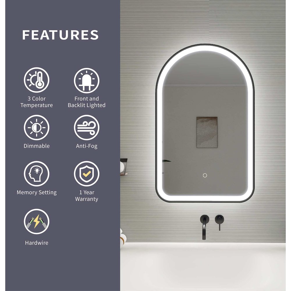 32 Inch Arch LED Front and Backlit Wall Mirror in Black
