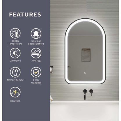 32 Inch Arch LED Front and Backlit Wall Mirror in Black