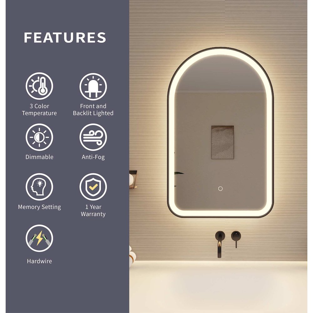 32 Inch Arch LED Front and Backlit Wall Mirror in Black