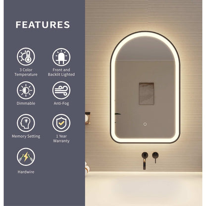 32 Inch Arch LED Front and Backlit Wall Mirror in Black