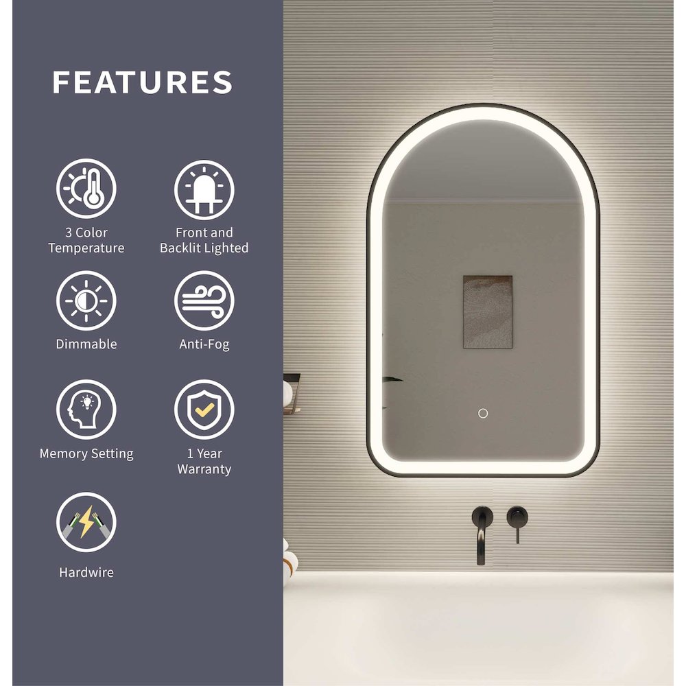 32 Inch Arch LED Front and Backlit Wall Mirror in Black