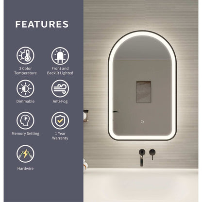 32 Inch Arch LED Front and Backlit Wall Mirror in Black