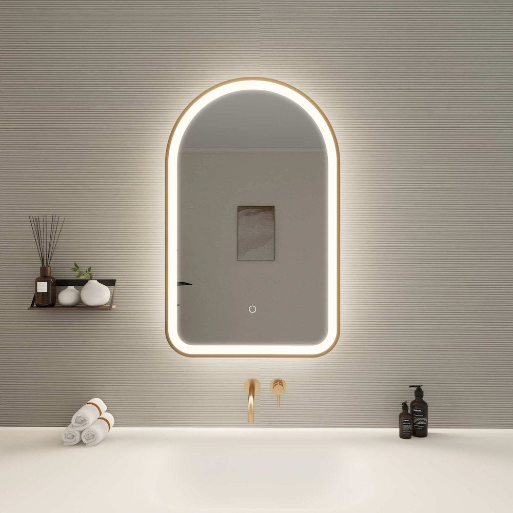 32 Inch Arch LED Front and Backlit Wall Mirror in Satin Gold