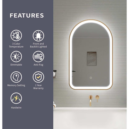 32 Inch Arch LED Front and Backlit Wall Mirror in Satin Gold