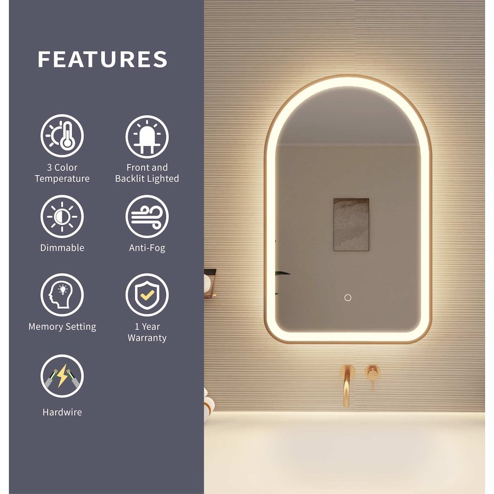 32 Inch Arch LED Front and Backlit Wall Mirror in Satin Gold