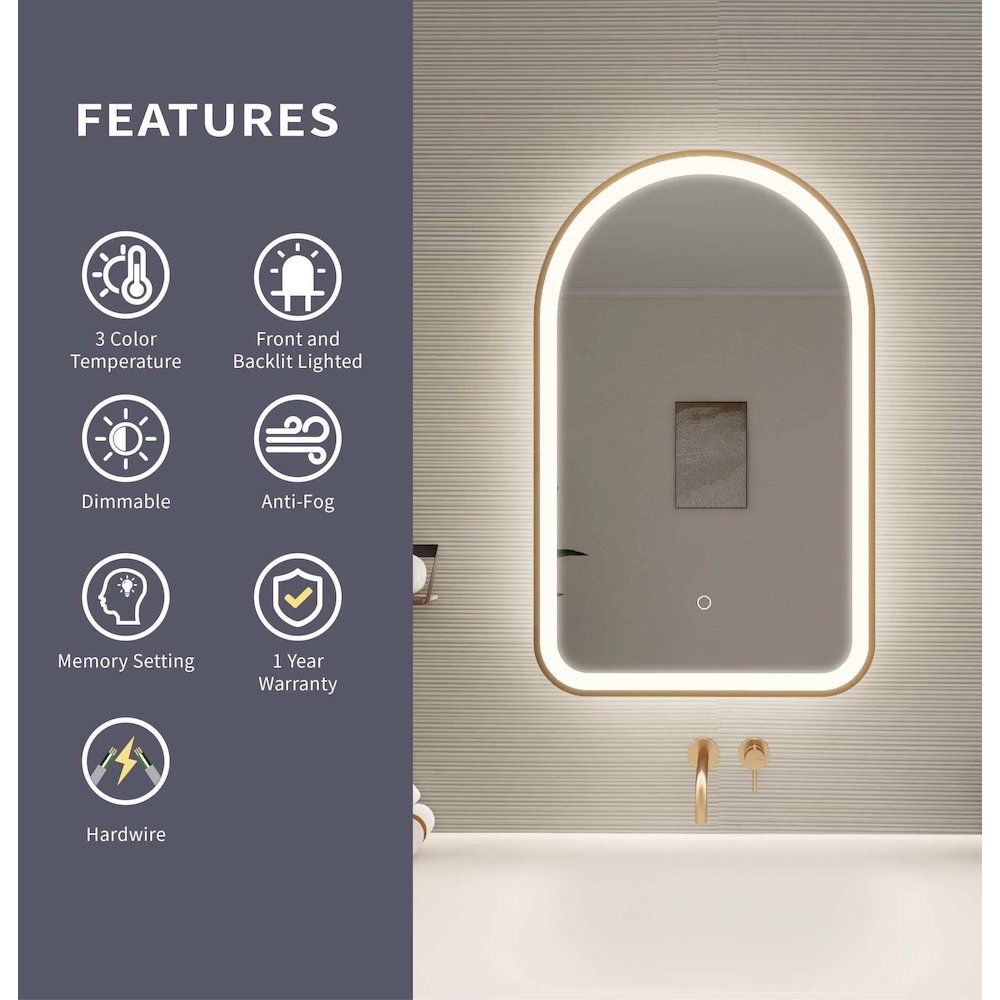 32 Inch Arch LED Front and Backlit Wall Mirror in Satin Gold