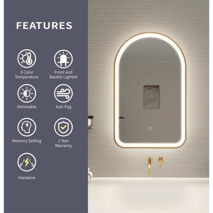 32 Inch Arch LED Front and Backlit Wall Mirror in Satin Gold