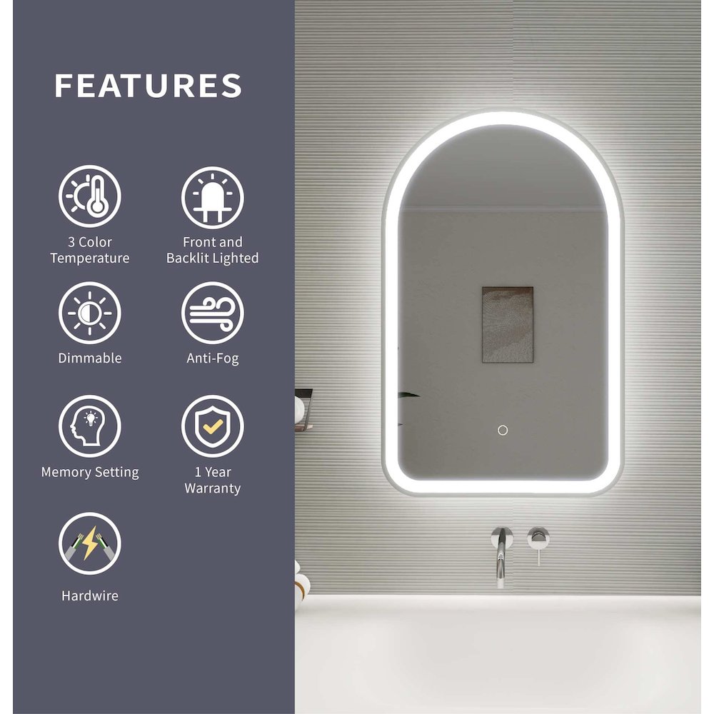 32 Inch Arch LED Front and Backlit Wall Mirror in Silver