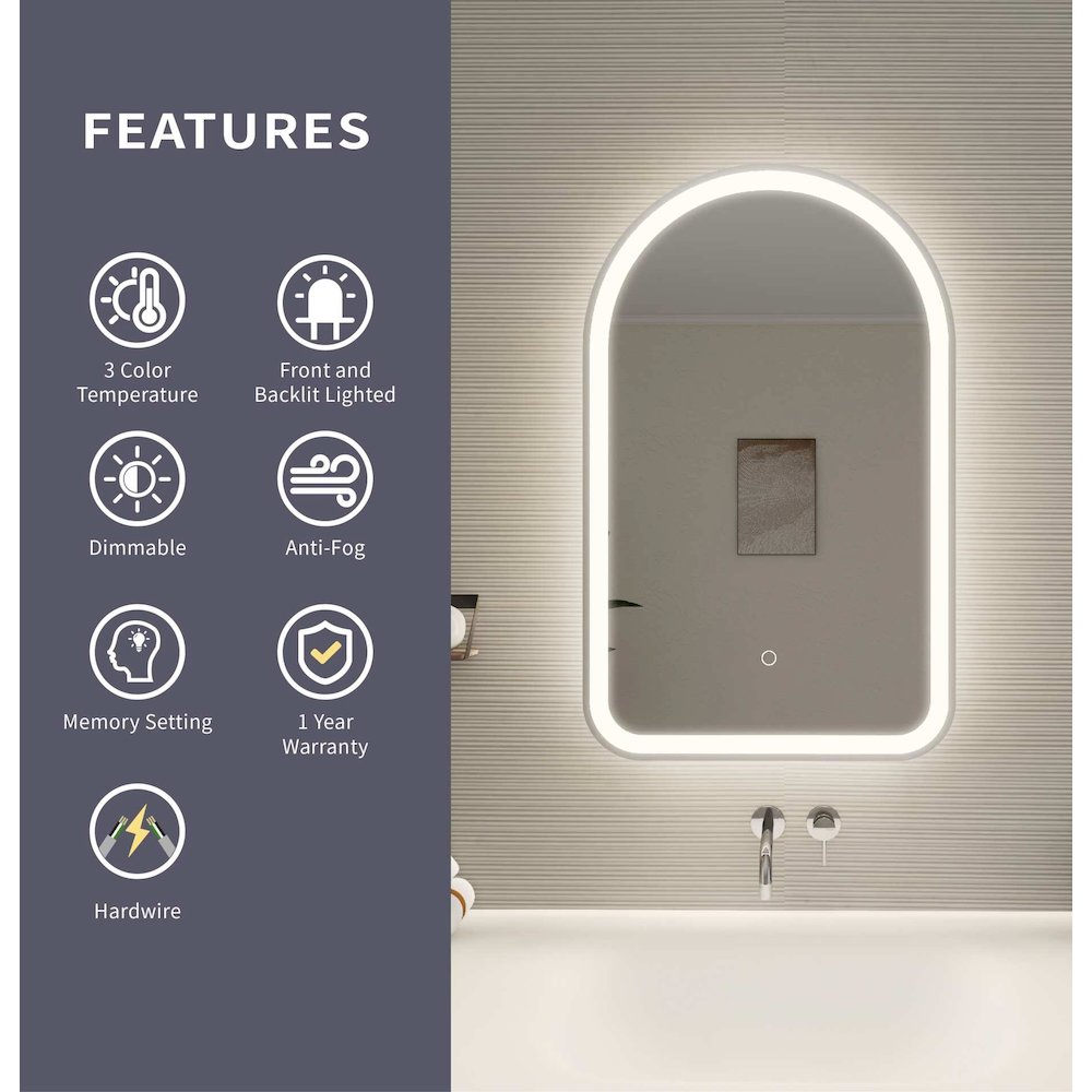 32 Inch Arch LED Front and Backlit Wall Mirror in Silver