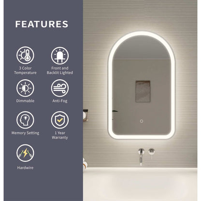 32 Inch Arch LED Front and Backlit Wall Mirror in Silver