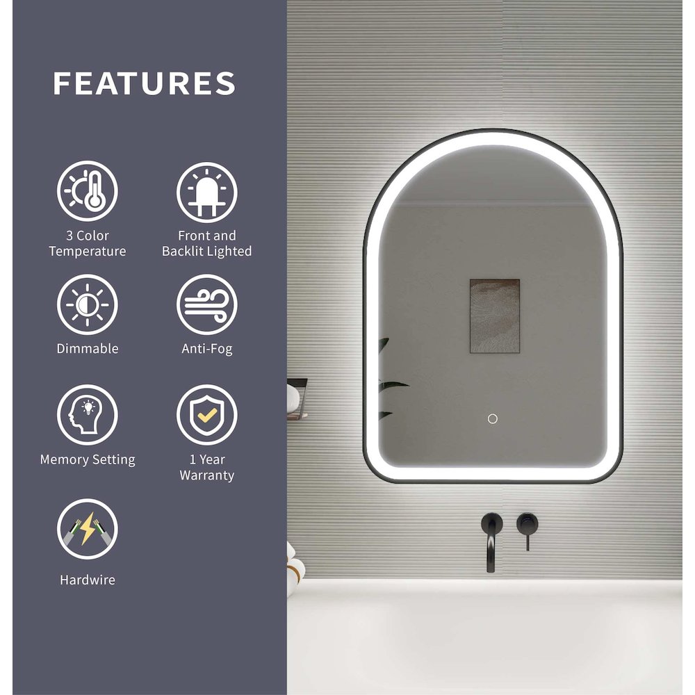 30 Inch Arch LED Front and Backlit Wall Mirror in Black