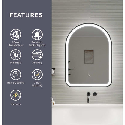 30 Inch Arch LED Front and Backlit Wall Mirror in Black