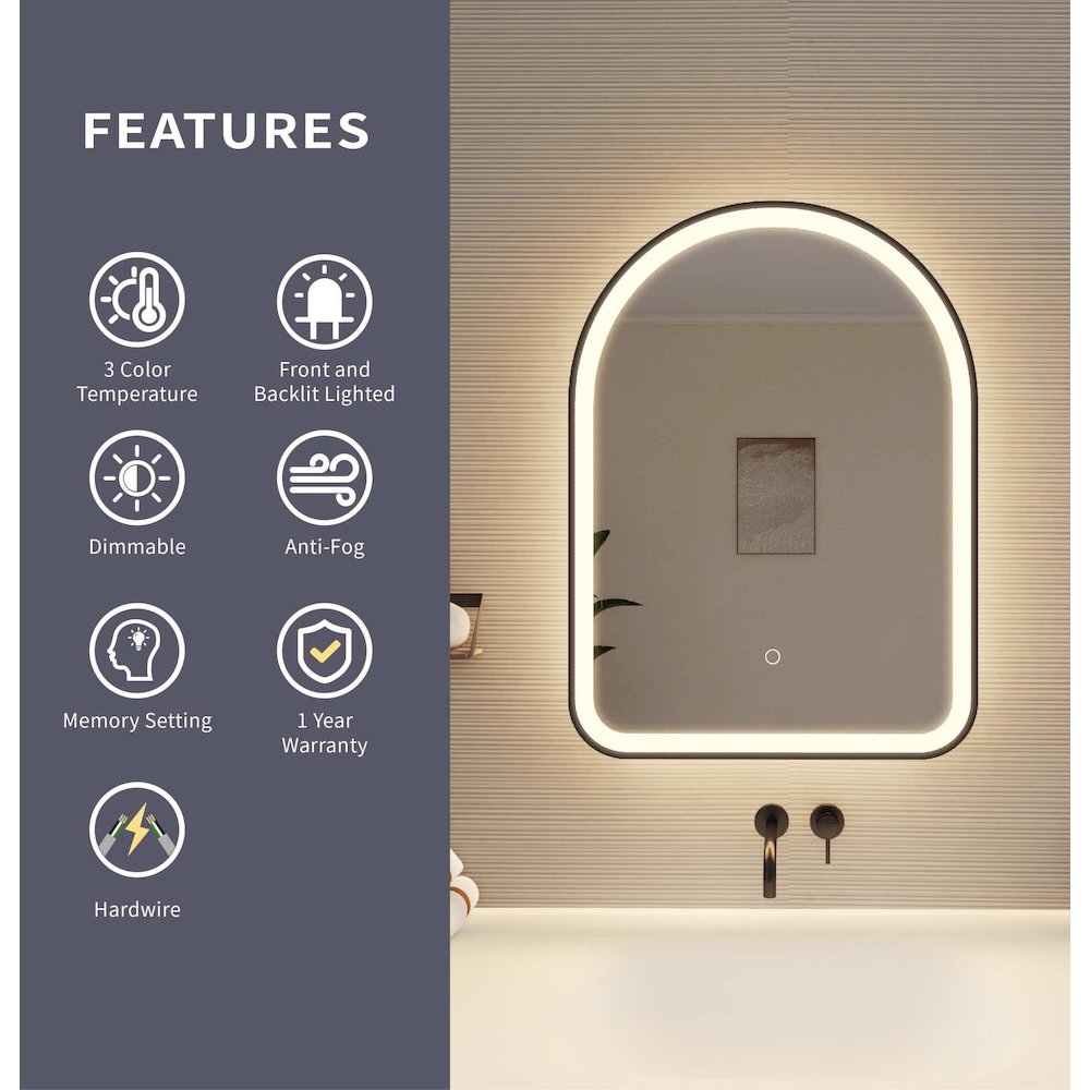 30 Inch Arch LED Front and Backlit Wall Mirror in Black