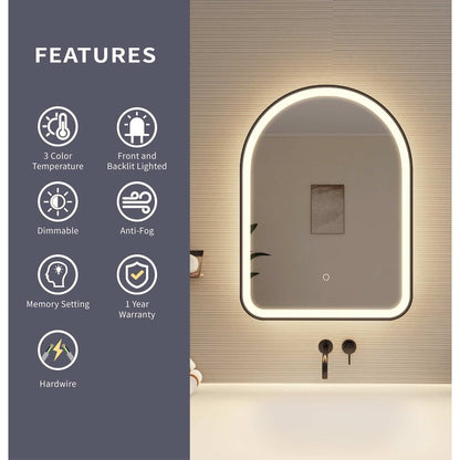 30 Inch Arch LED Front and Backlit Wall Mirror in Black