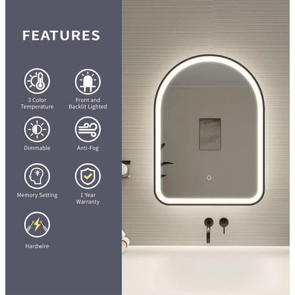 30 Inch Arch LED Front and Backlit Wall Mirror in Black