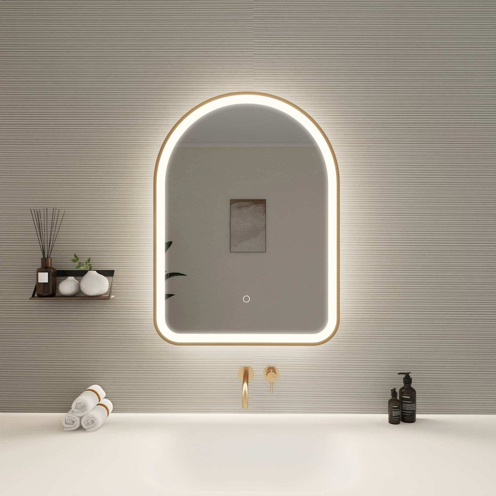 30 Inch Arch LED Front and Backlit Wall Mirror in Satin Gold