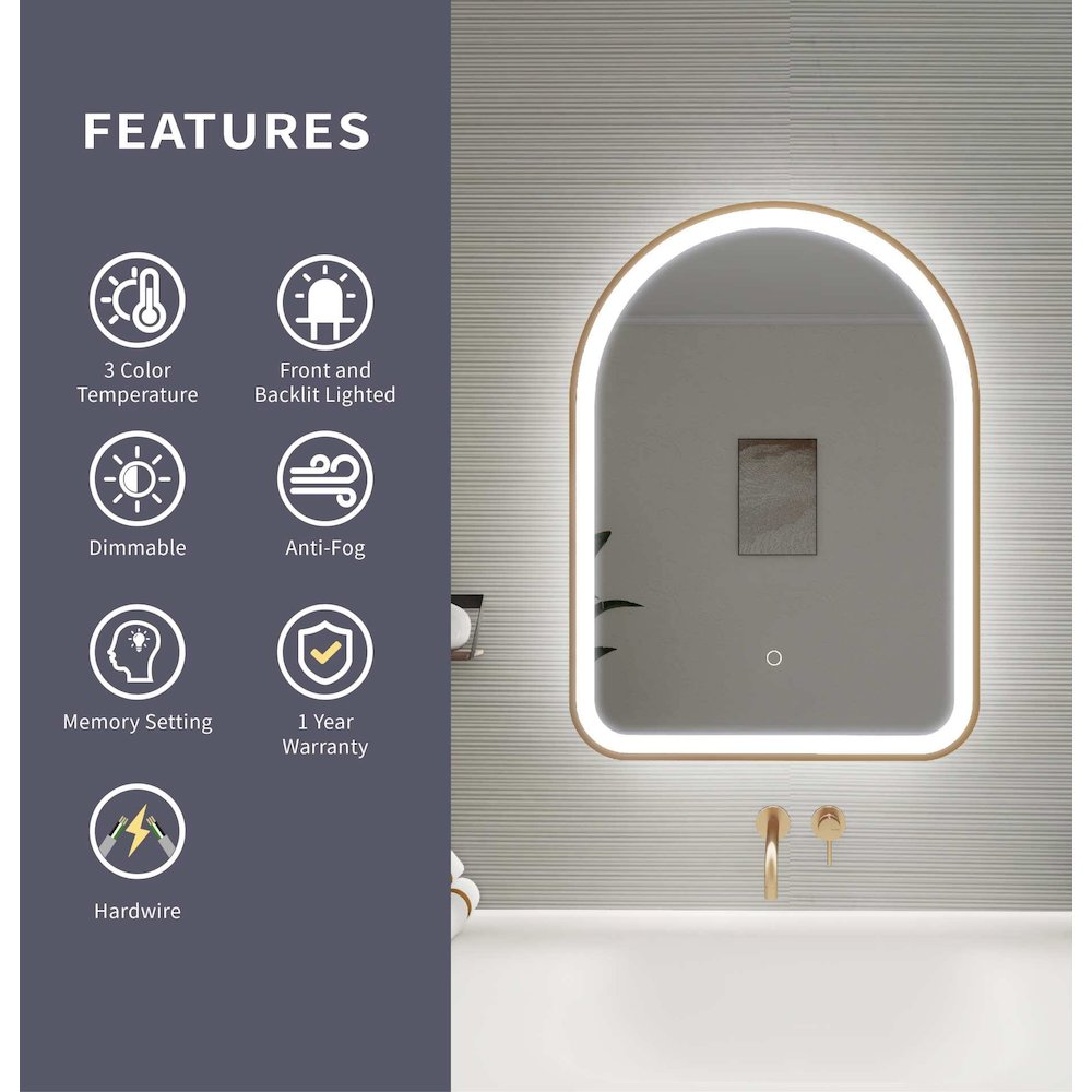 30 Inch Arch LED Front and Backlit Wall Mirror in Satin Gold