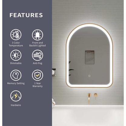 30 Inch Arch LED Front and Backlit Wall Mirror in Satin Gold
