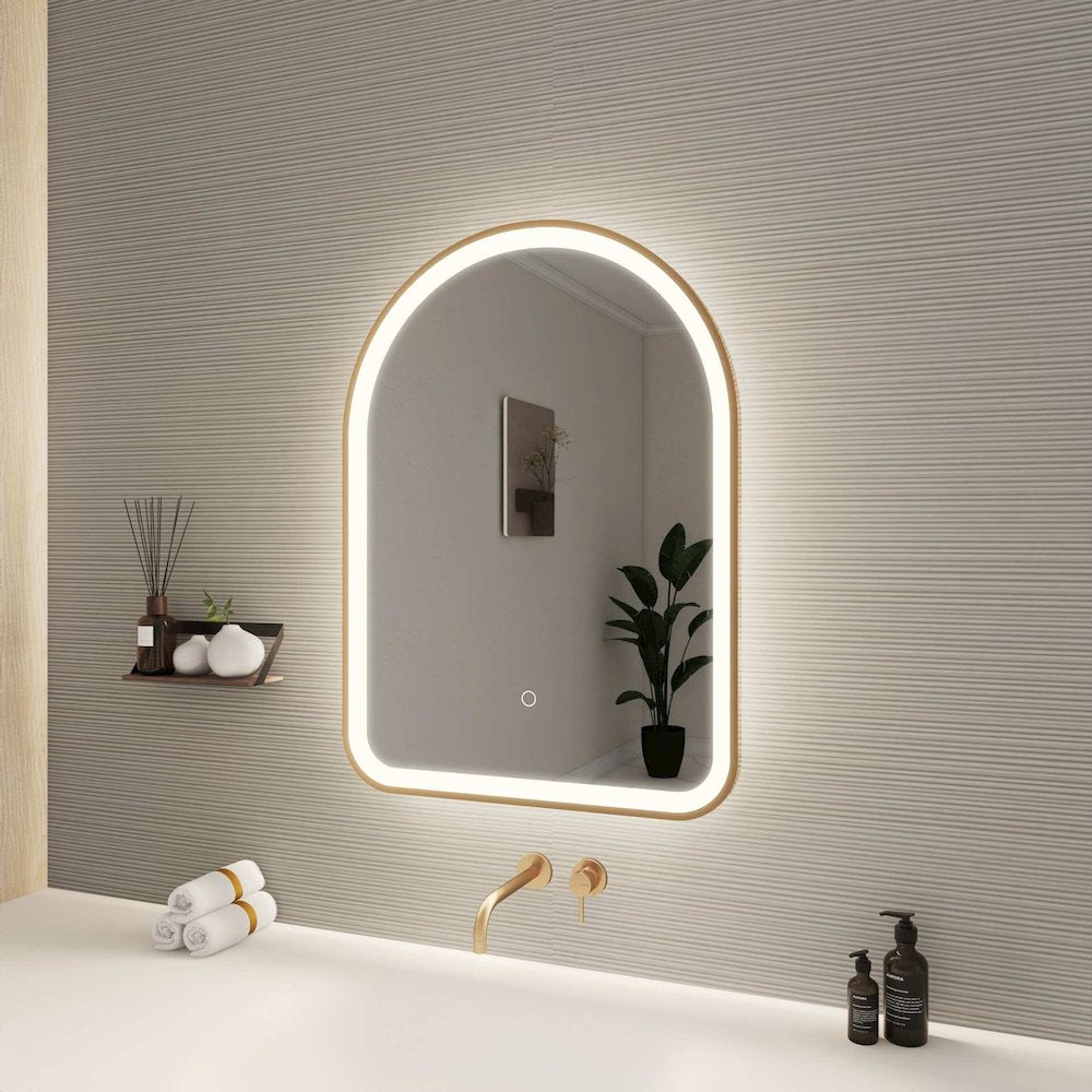30 Inch Arch LED Front and Backlit Wall Mirror in Satin Gold