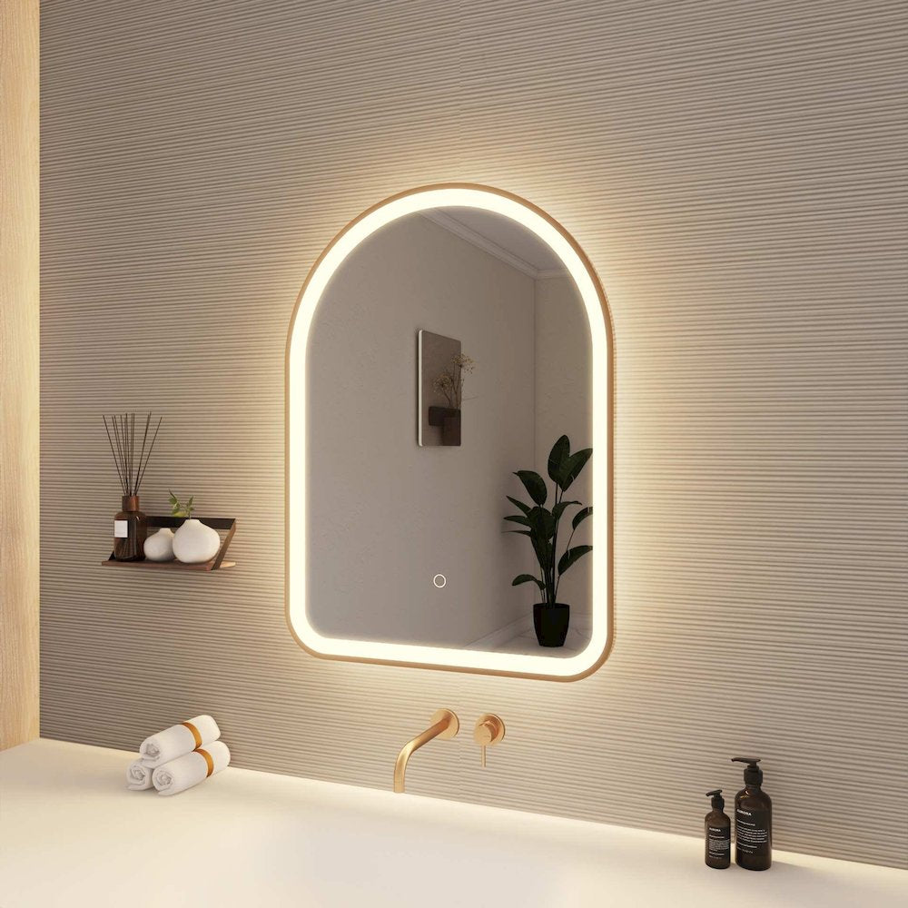 30 Inch Arch LED Front and Backlit Wall Mirror in Satin Gold