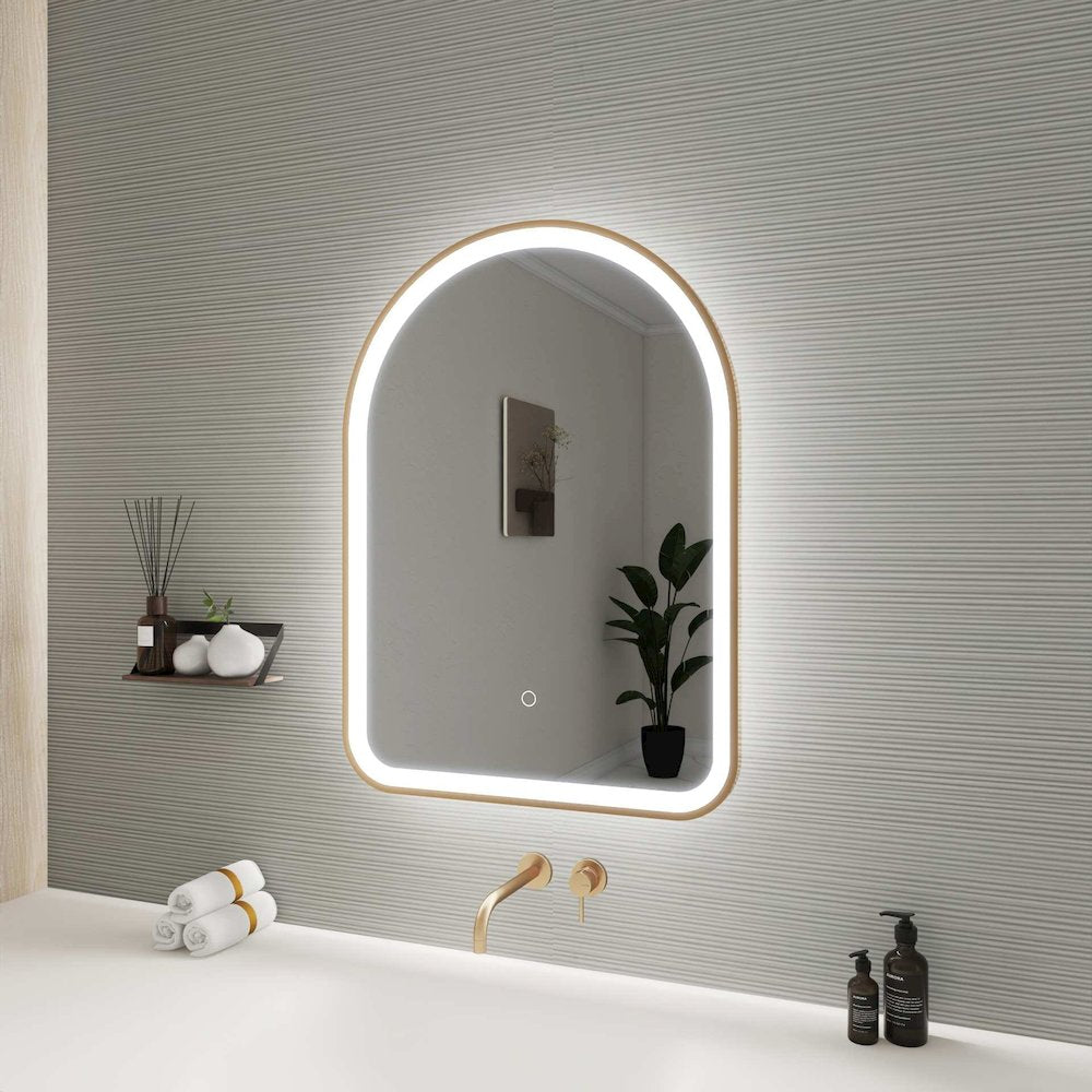 30 Inch Arch LED Front and Backlit Wall Mirror in Satin Gold