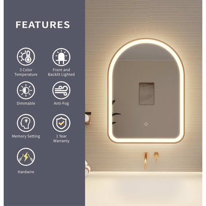 30 Inch Arch LED Front and Backlit Wall Mirror in Satin Gold