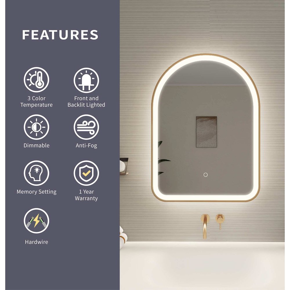 30 Inch Arch LED Front and Backlit Wall Mirror in Satin Gold