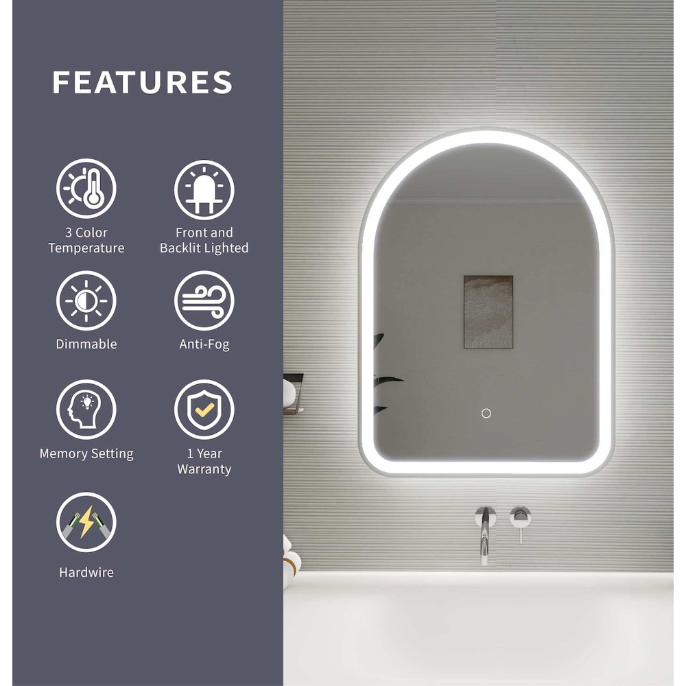 30 Inch Arch LED Front and Backlit Wall Mirror in Silver