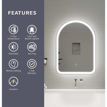 30 Inch Arch LED Front and Backlit Wall Mirror in Silver