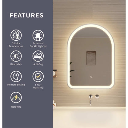 30 Inch Arch LED Front and Backlit Wall Mirror in Silver